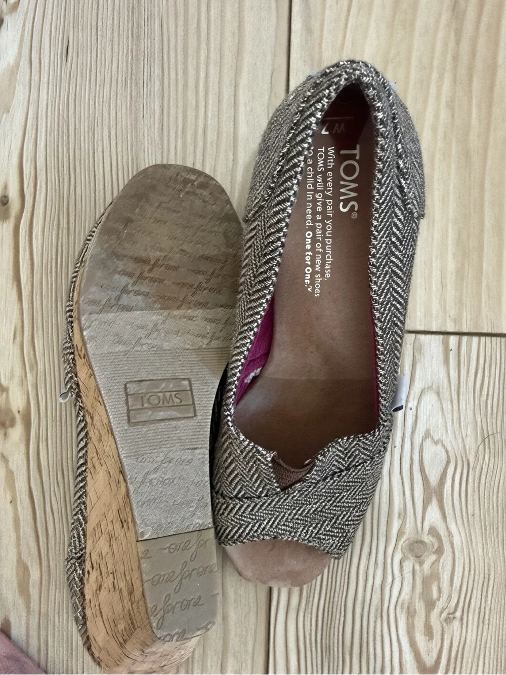 TOMS Brown Herringbone Cork Wedge Peep-Toe‎ Shoes